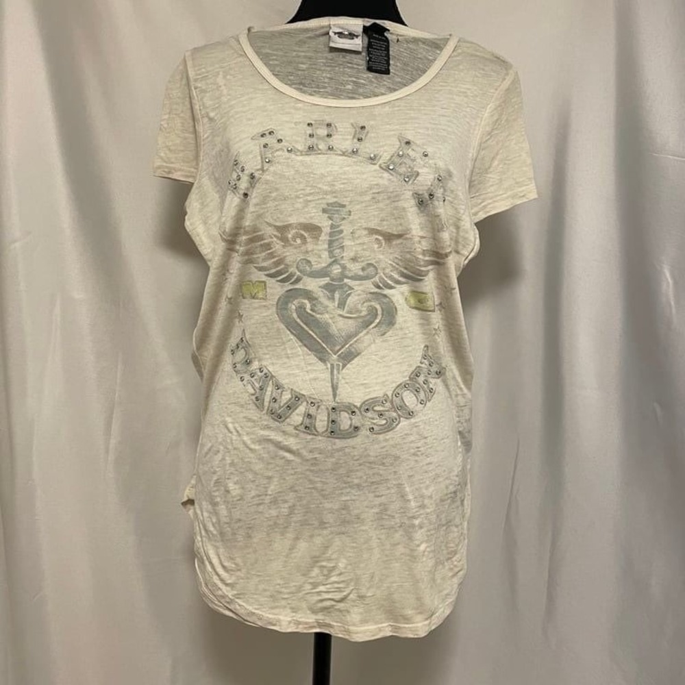 Harley Davidson Ivory‎ Tee Rhinestone Dagger Heart Women's S Biker chic